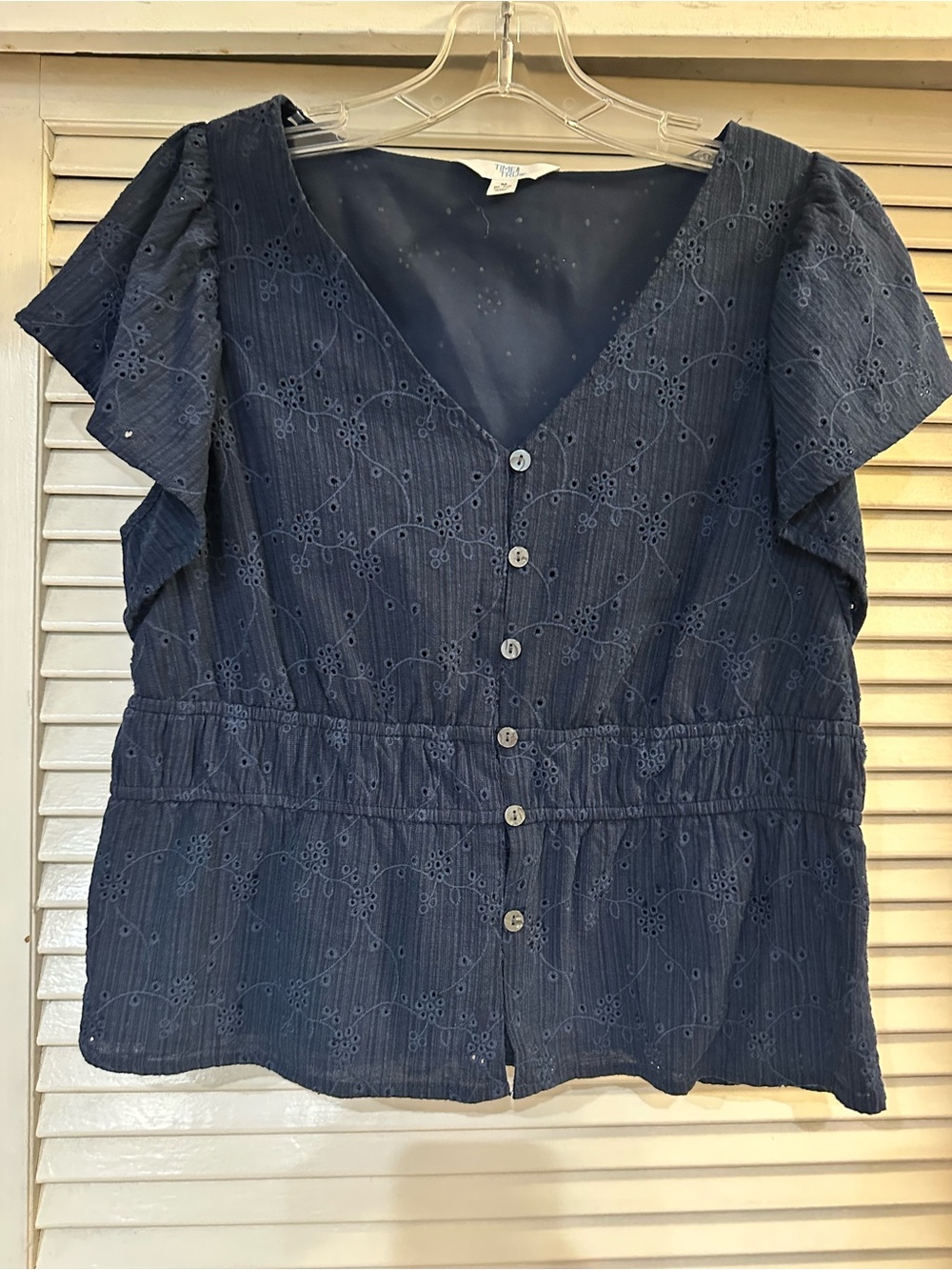 Time and Tru Navy Eyelet Button-Front Peplum Blouse